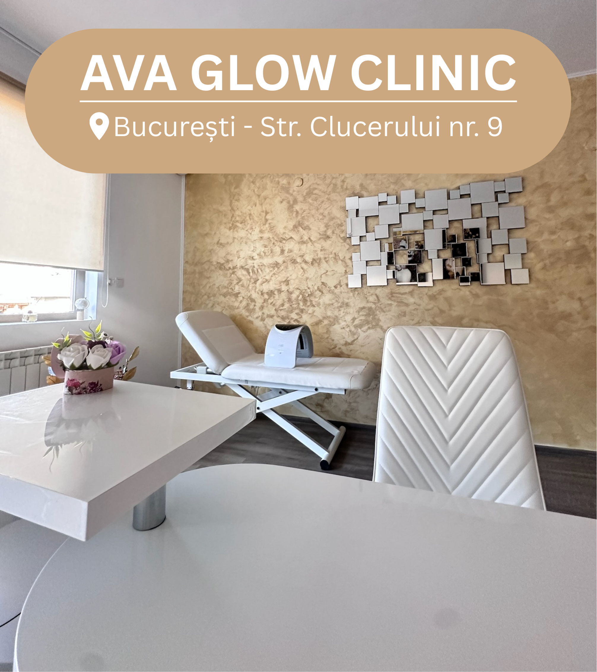Modern interior of a clinic with a reception desk and decorative wall art, featuring 'AVA GLOW CLINIC' text.