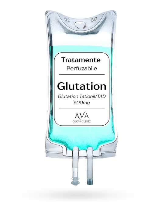 Blue IV Bag named "Glutation" that contains Glutation Tationil 600mg with Ava Glow Clinic Branding