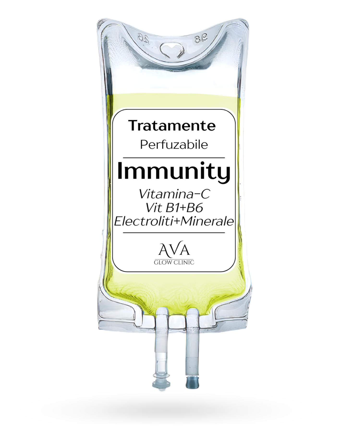 Yellow IV Bag named "Immunity" that contains Vitamin C, Vitamin B1, B6, Electrolites, Minerals with Ava Glow Clinic Branding