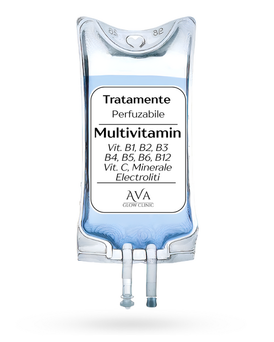 Blue IV Bag named "multivitamin" that contains Vitamin B1, B2, B3, B4, B5, B6, B12, C, Minerals and Electrolites with Ava Glow Clinic Branding