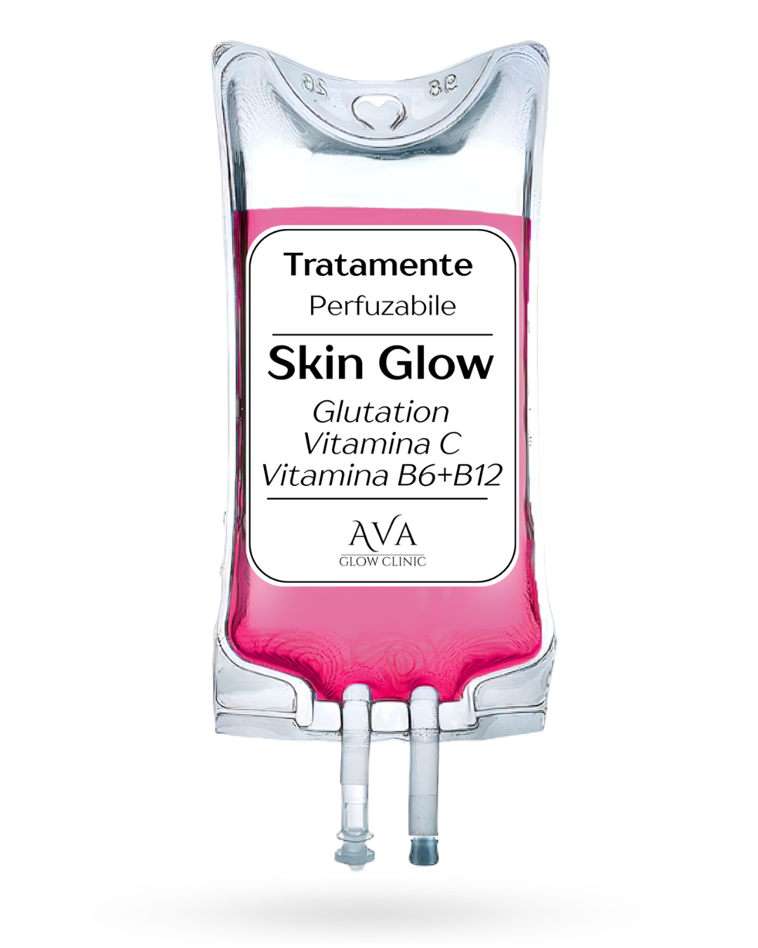 Pink IV Bag named "skin glow" that contains Glutation, Vitamin C, Vitamin B6 and B12 with Ava Glow Clinic Branding