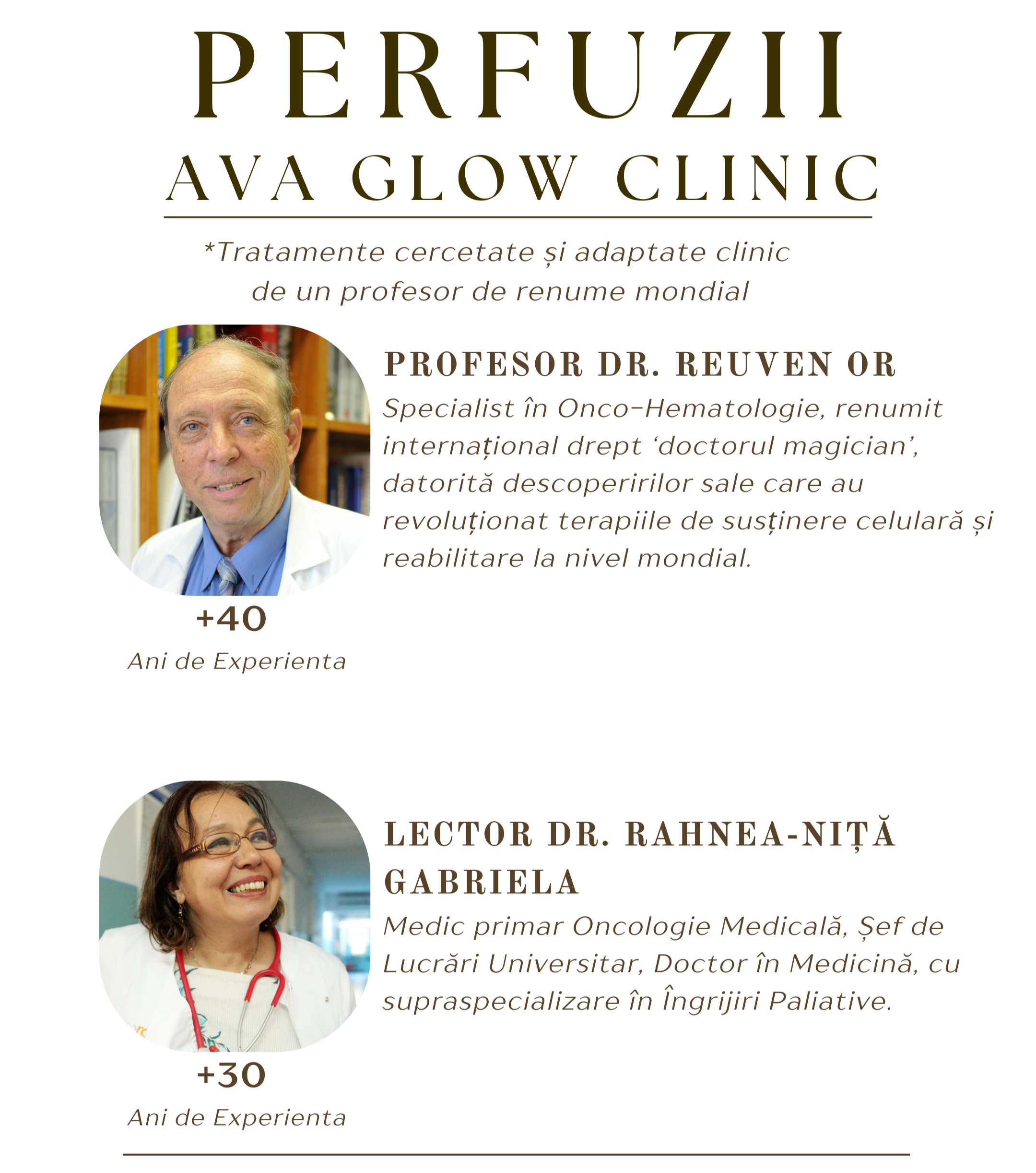 Promotional graphic for Ava Glow Clinic with two doctors' profiles and clinic name.